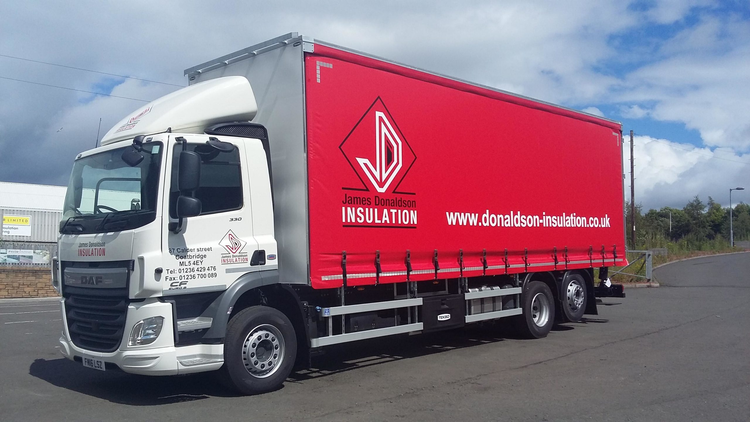 James Donaldson Insulation delivery lorry showcasing the brand imagery on it's side